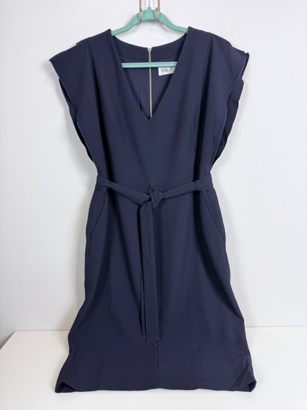 Eliza J Navy V-Neck Midi Dress with Self Tie Belt 14